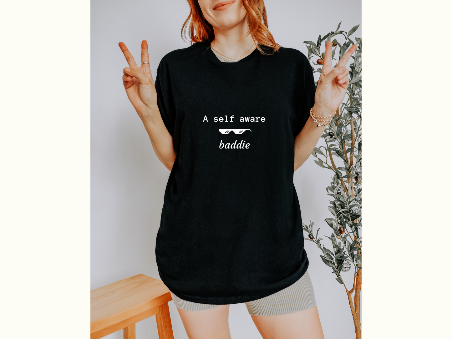 Graphic Tee with Quote 'a self aware baddie'