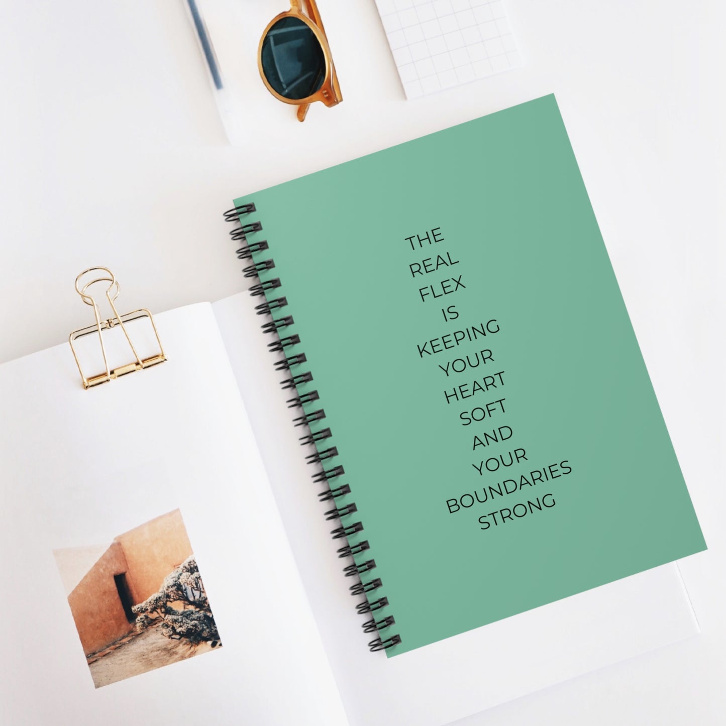 Green Spiral Notebook - Ruled Line with Heart Soft and Boundaries Strong Quote