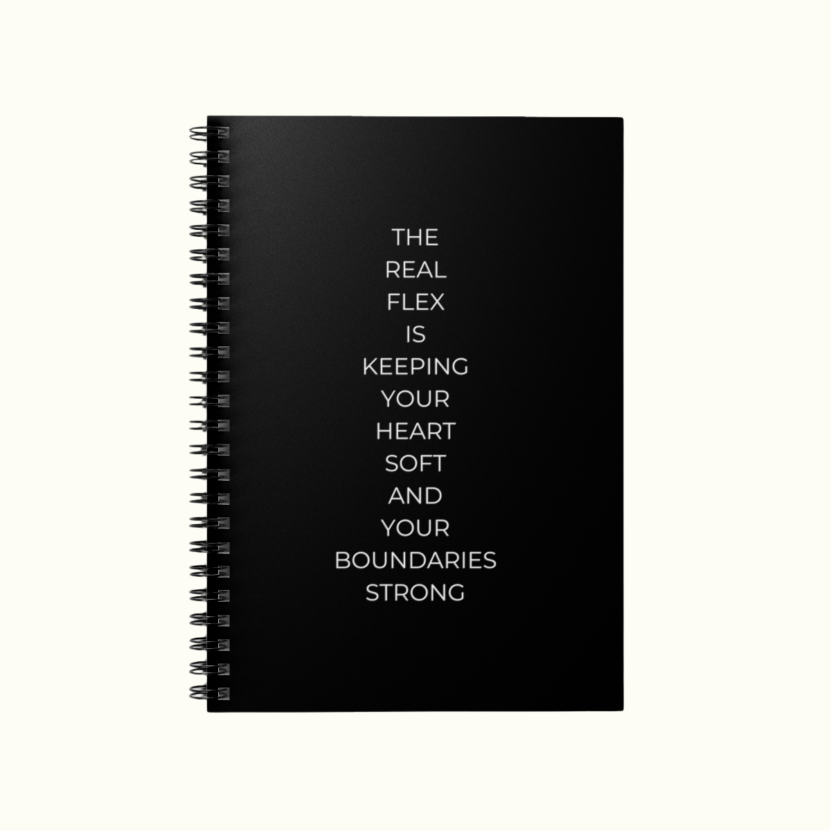 Black Spiral Notebook - Ruled Line with Heart Soft and Boundaries Strong Quote