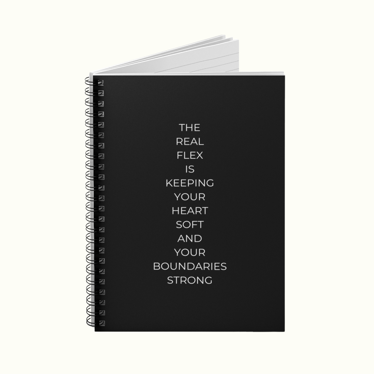 Black Spiral Notebook - Ruled Line with Heart Soft and Boundaries Strong Quote