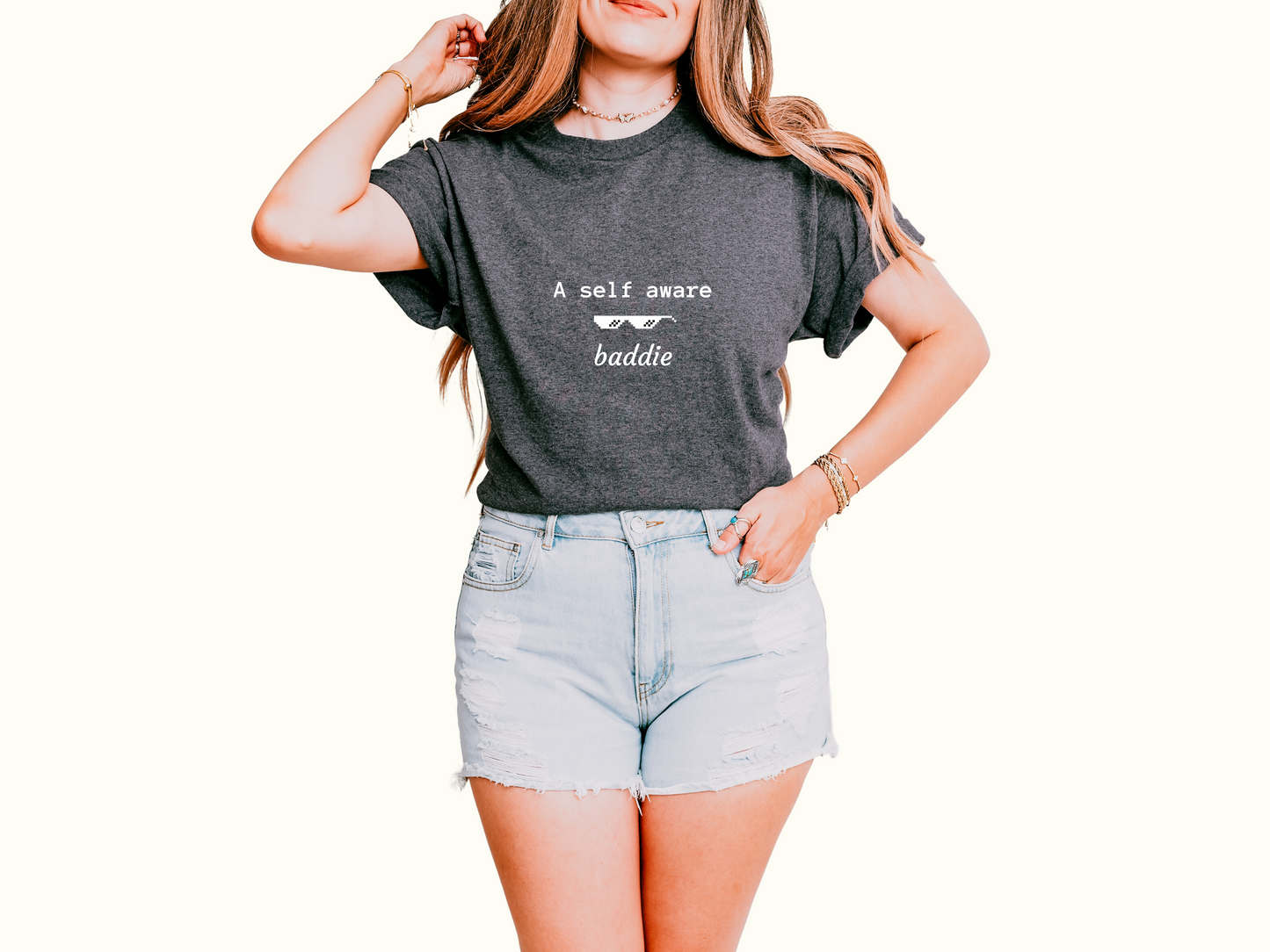 Graphic Tee with Quote 'a self aware baddie'