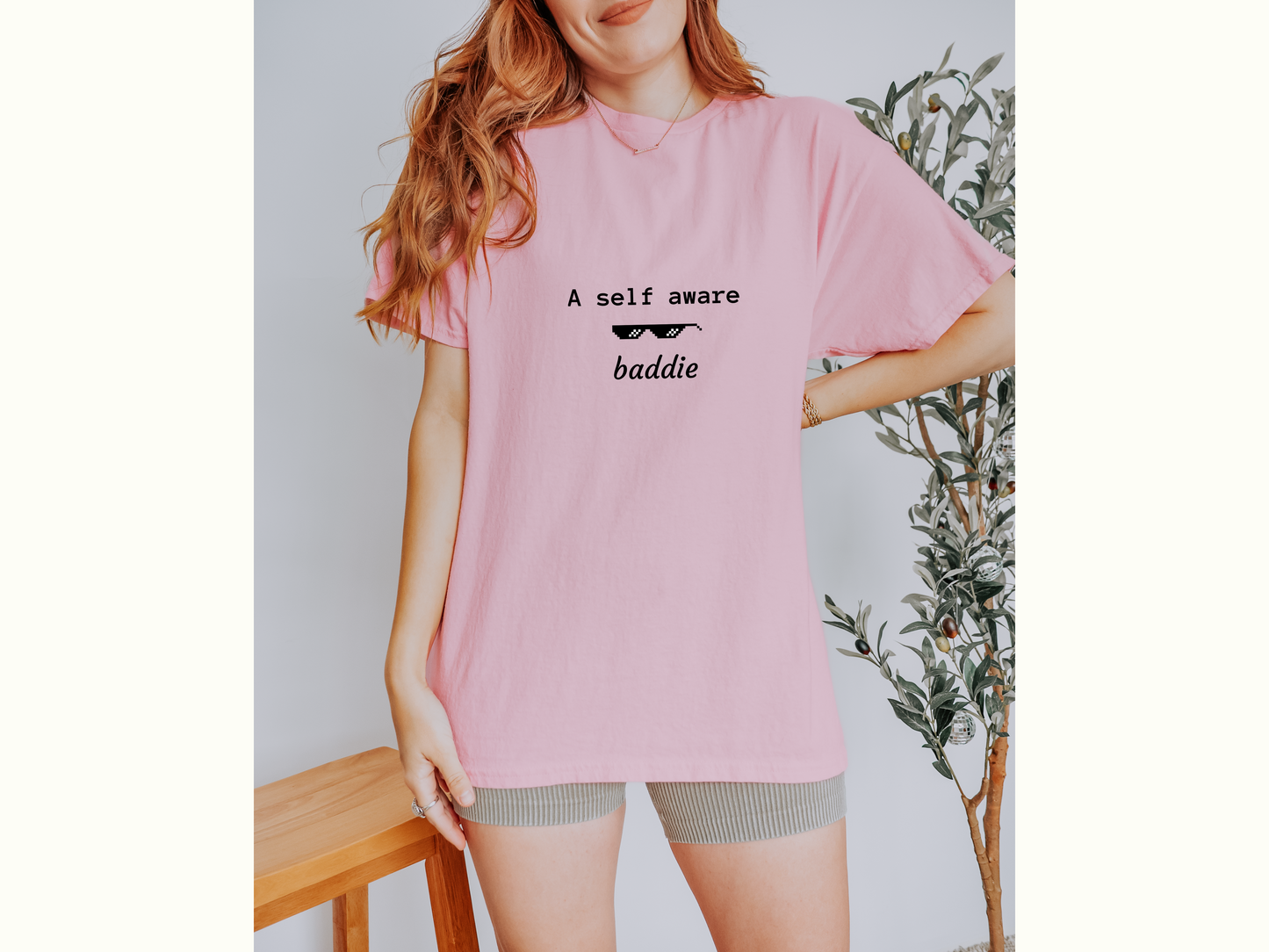 Graphic Tee with Quote 'a self aware baddie'